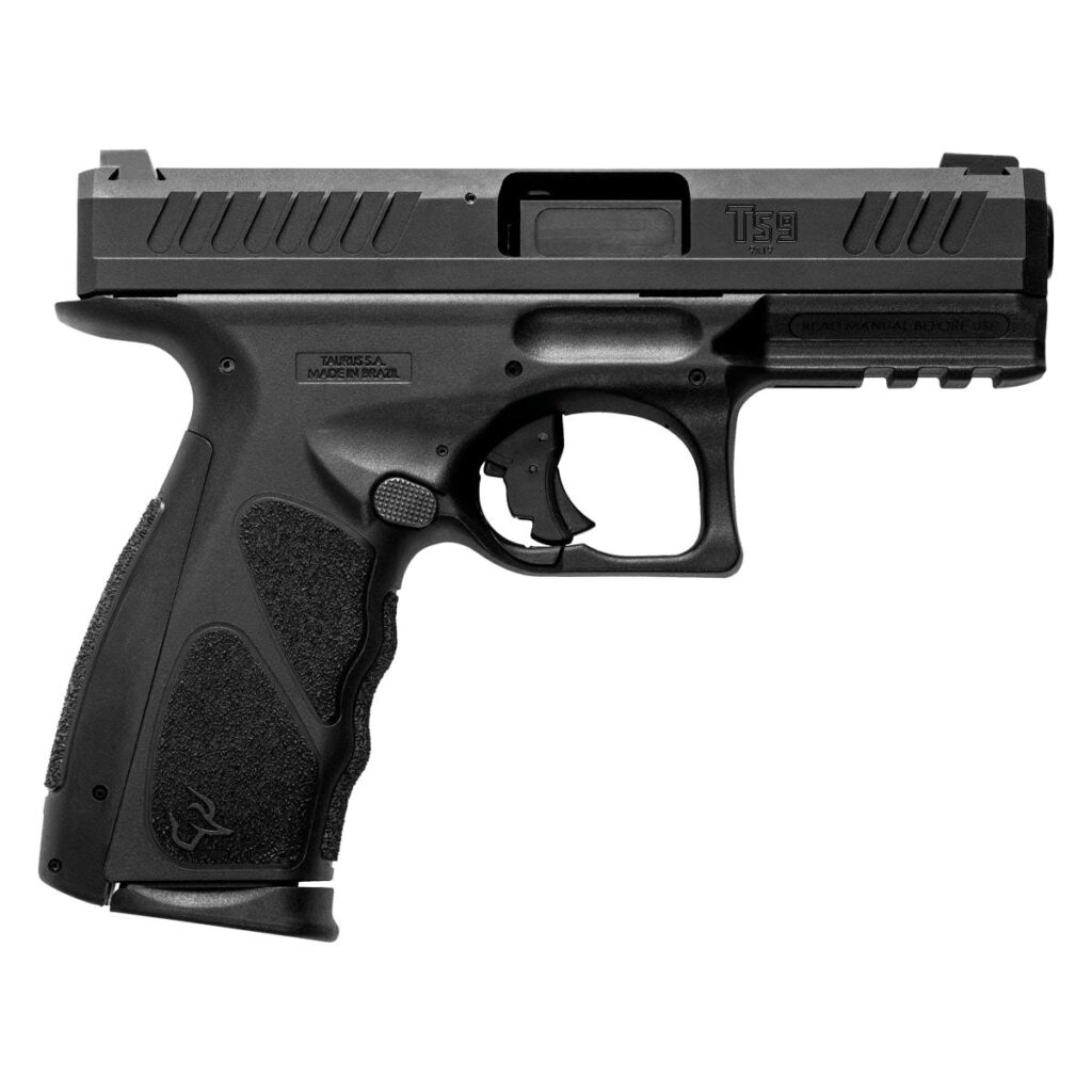 Pistola Taurus TS9 semiautomática calibre 9x19mm com acabamento em carbono fosco, disponível na Elite Artigos Militares em Santiago e São Borja RS.