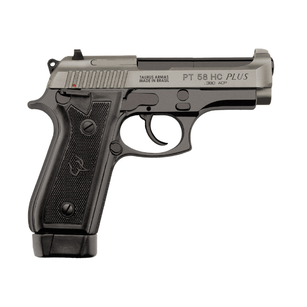 Pistola Taurus PT 58 HC Plus semiautomática calibre .380 ACP, alta capacidade, disponível na Elite Artigos Militares em Santiago e São Borja RS.