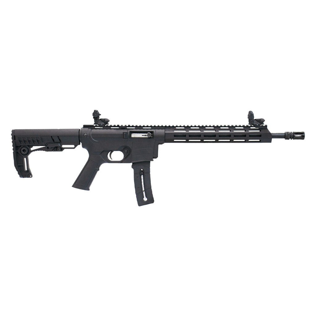 Rifle CBC Delta .22LR com cano de 14.5 polegadas oxidado e coronha preta, disponível na Elite Artigos Militares em Santiago RS.