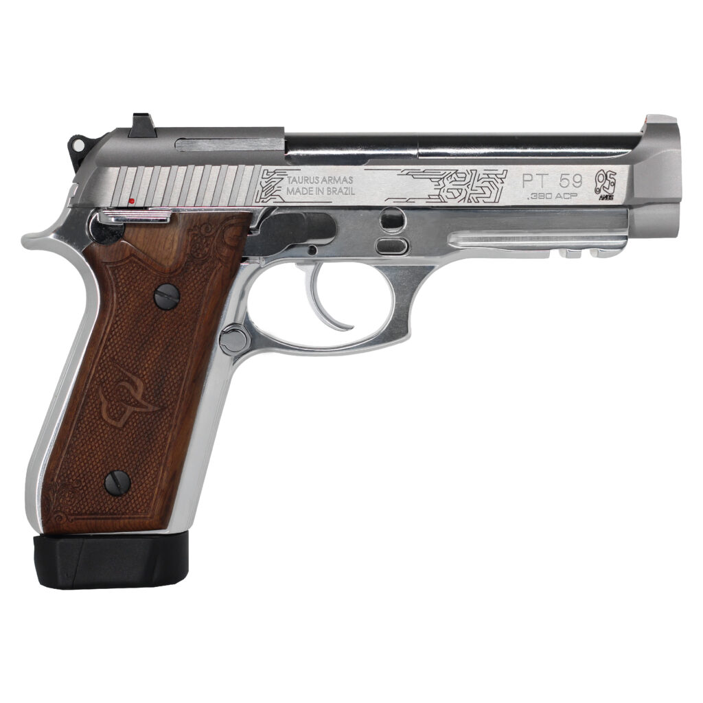 Pistola Taurus PT 59 inox calibre .380 ACP com cabo em madeira, disponível na Elite Artigos Militares em Santiago e São Borja RS.