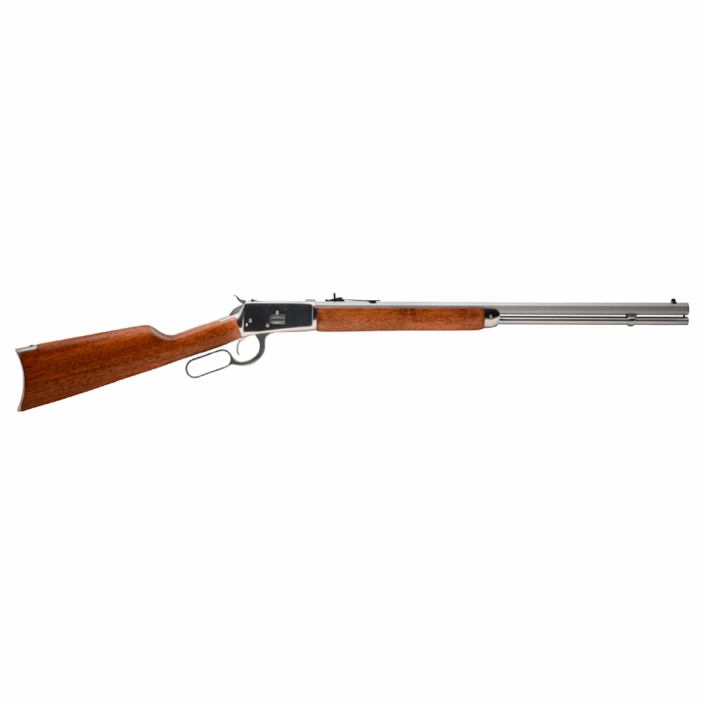 Carabina Lever Action Rossi inox alto brilho calibre .38 SPL com cano de 24 polegadas, disponível na Elite Artigos Militares em Santiago RS.