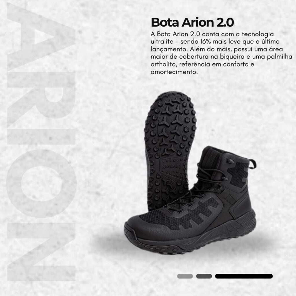 Bota Arion 2.0 tática, resistente e confortável, disponível na Elite Artigos Militares em Santiago e São Borja RS.