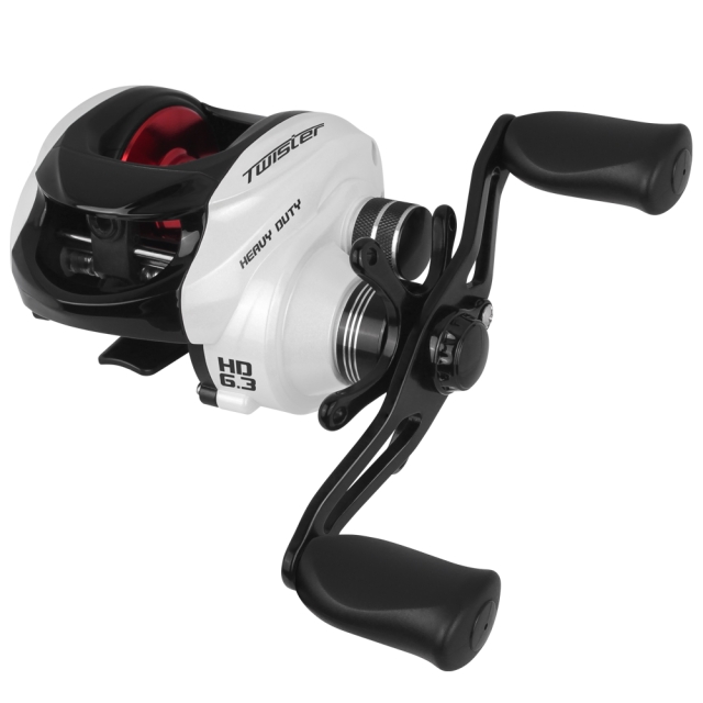 Carretilha de pesca Twister Heavy Duty HD 6.3 branca e preta, design ergonômico e alta resistência.