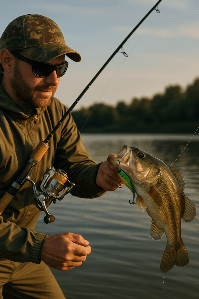 Pescador segurando peixe recém fisgado em lago no interior do Rio Grande do Sul, com vara de pesca e isca artificial, estilo outdoor.