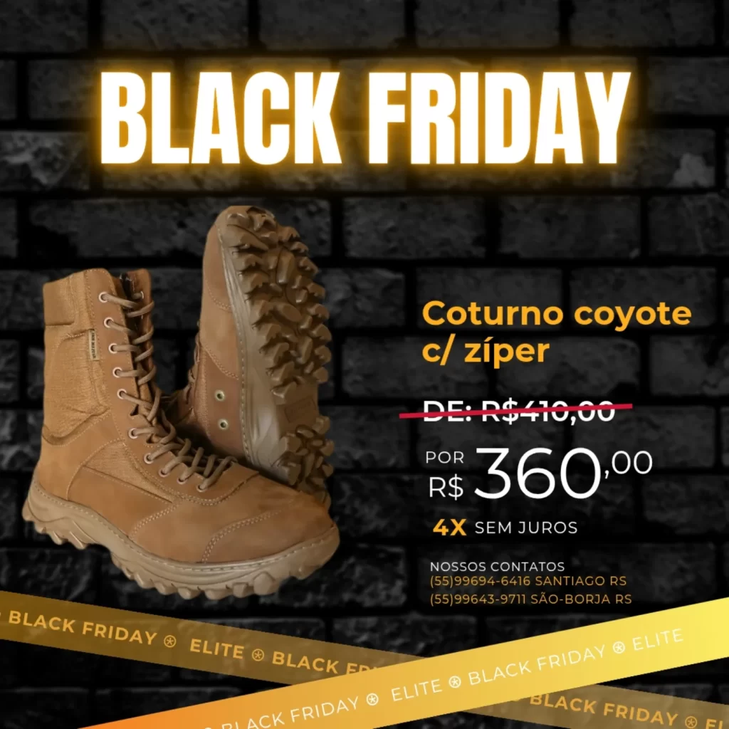 Coturno coyote com zíper, promoção de Black Friday na Elite Artigos Militares, com preço de R$ 360,00 e opção de parcelamento em até 4x sem juros.