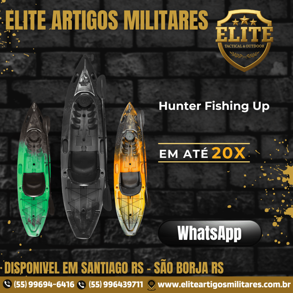 Caiaque Hunter Fishing Up em três cores, modelo para pesca, estrutura reforçada e assento elevado, disponível na Elite Artigos Militares em Santiago RS e São Borja RS