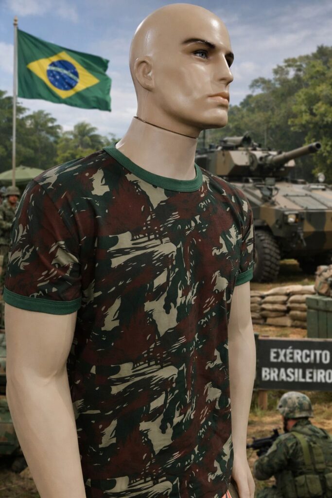 camiseta camuflada militar estilo exército brasileiro exposta em manequim loja elite artigos militares